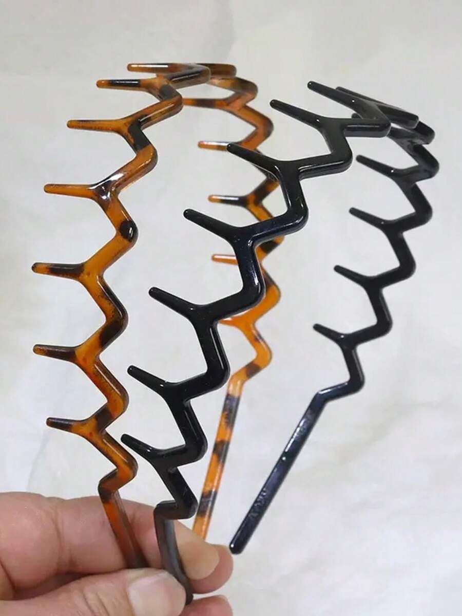 Men Fashion Hair Style - 4pcs Black Wavy Toothed Headbands, Simple,
