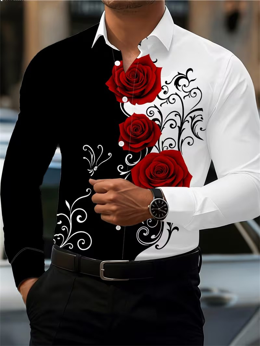 Men's Red Rose Print Long-Slee - đánh giá và giá Mens Fashion Casual Outfits
