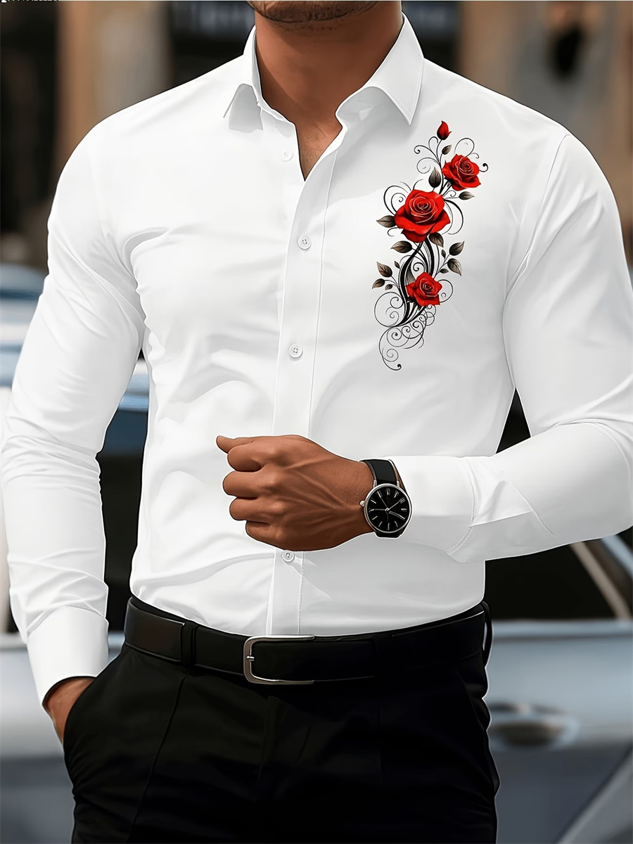 Men's Red Rose Print Long-Slee - đánh giá và giá Mens Fashion Casual Outfits