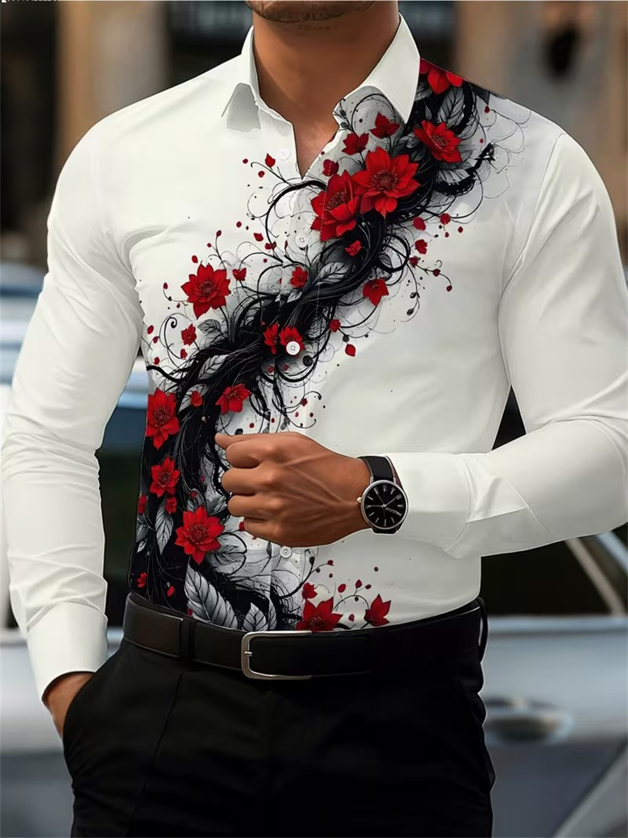 Men's Red Rose Print Long-Slee - đánh giá và giá Mens Fashion Casual Outfits